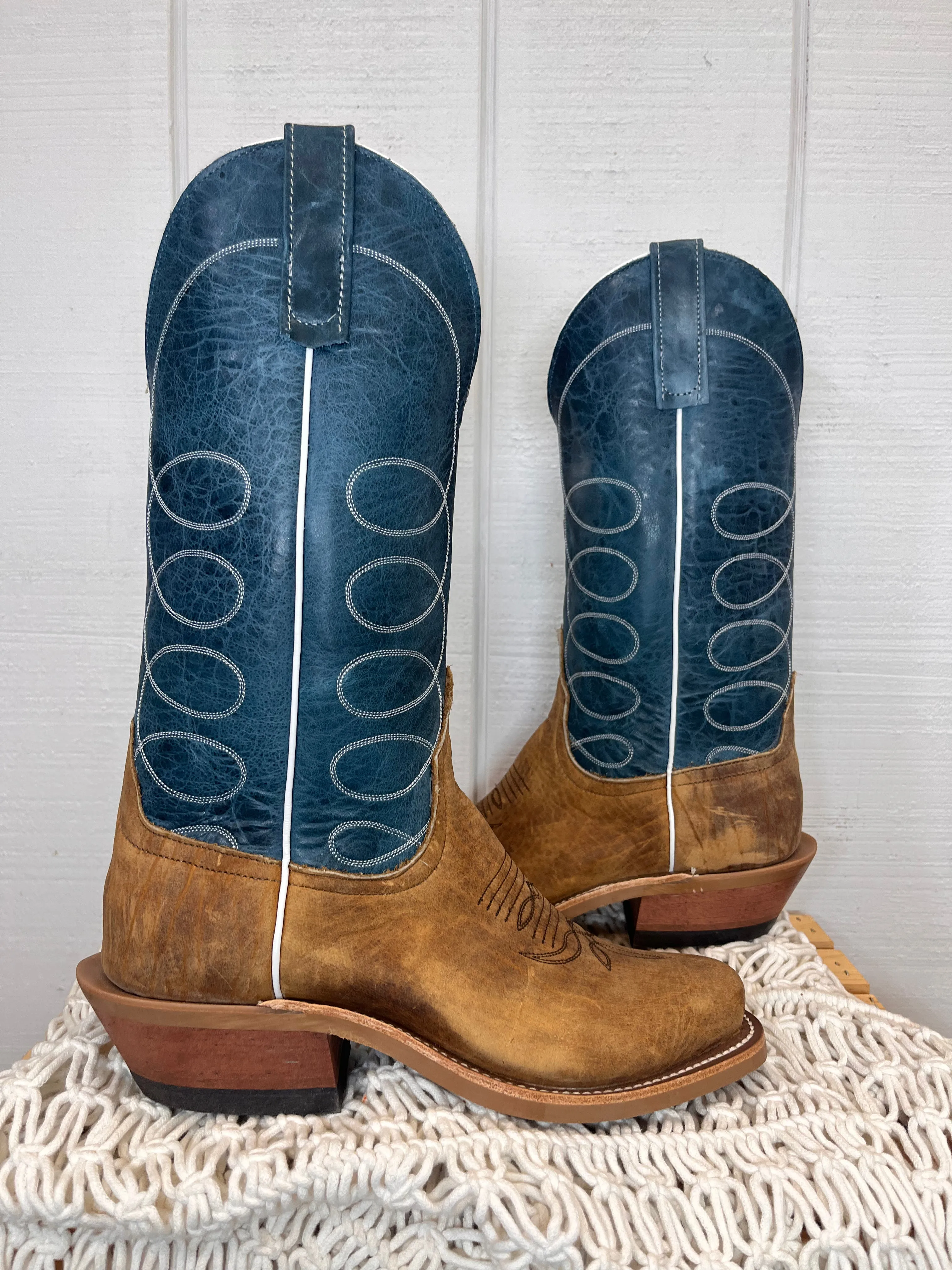 Anderson Bean Men's Tan Distressed Buffalo & Blue Lava Top Cutter Toe Cowboy Boots 336975