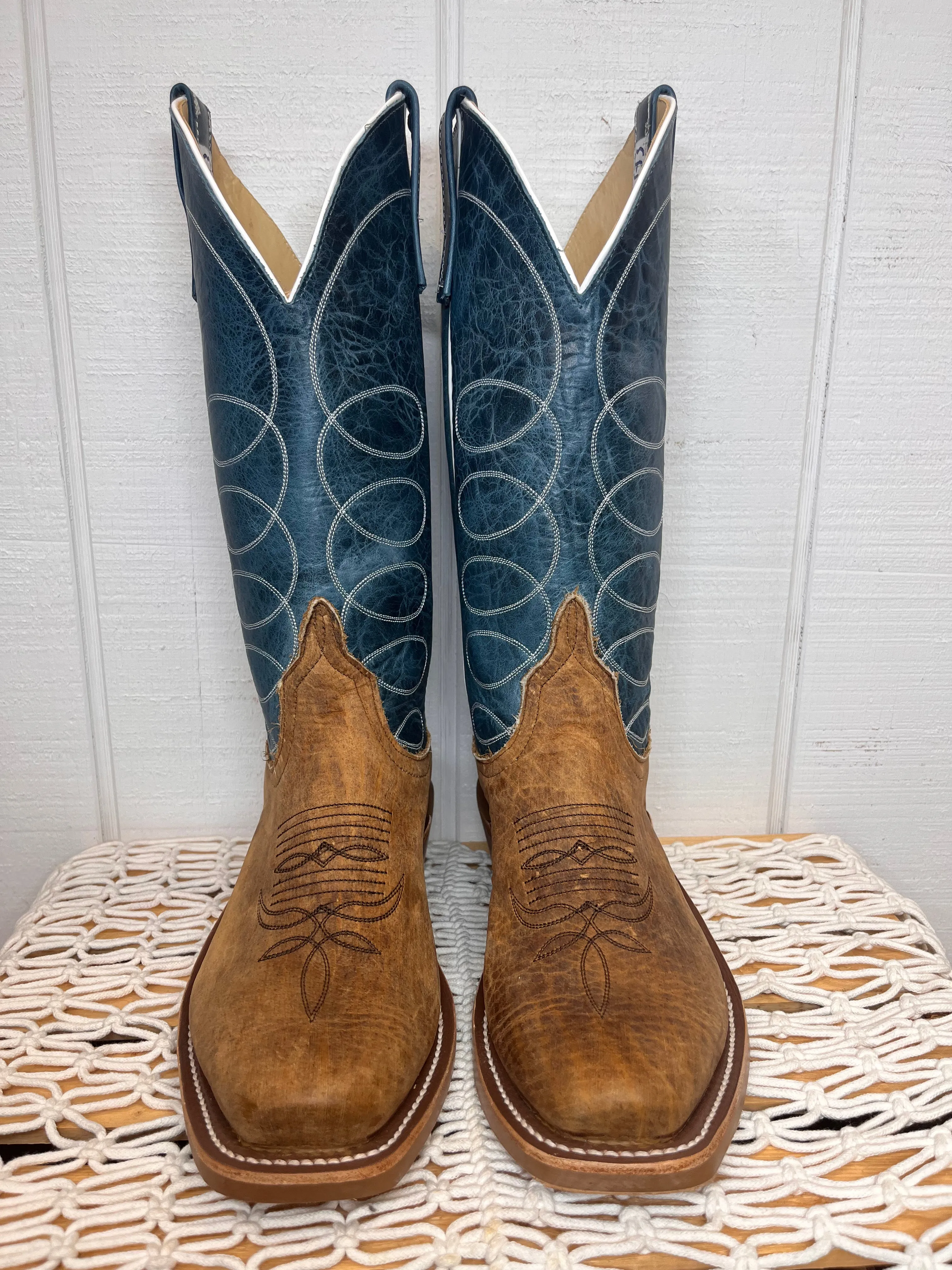 Anderson Bean Men's Tan Distressed Buffalo & Blue Lava Top Cutter Toe Cowboy Boots 336975