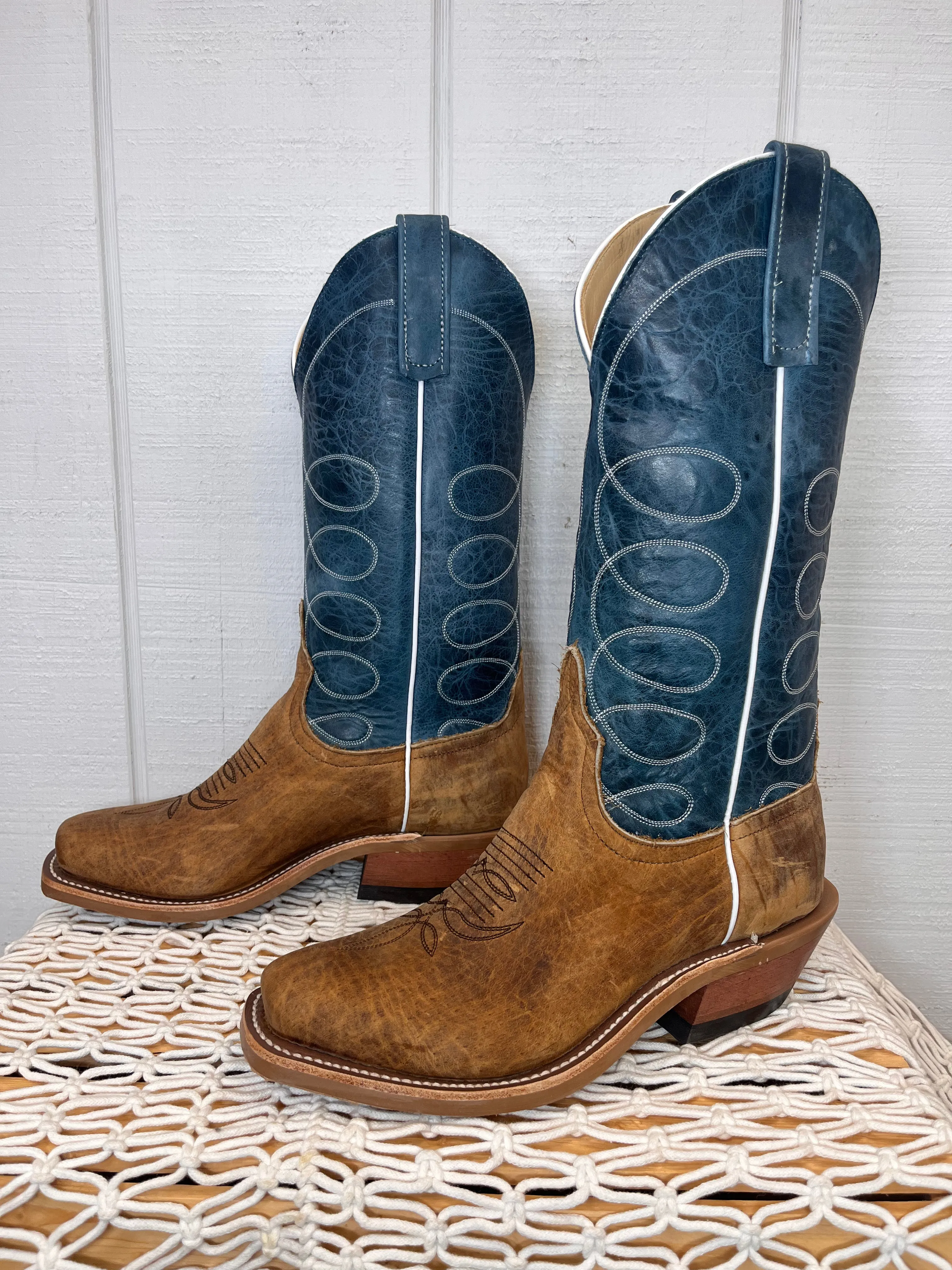 Anderson Bean Men's Tan Distressed Buffalo & Blue Lava Top Cutter Toe Cowboy Boots 336975