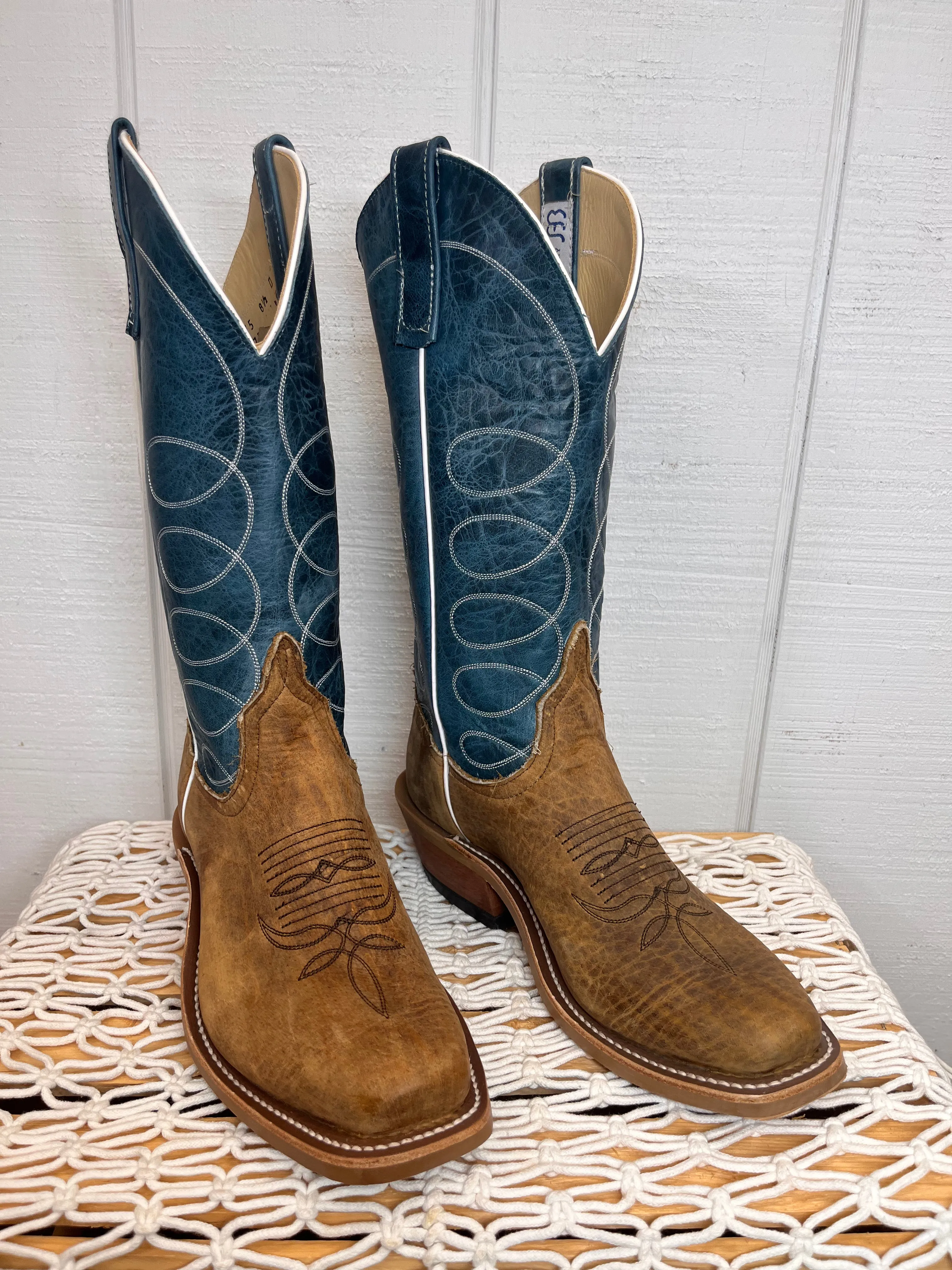 Anderson Bean Men's Tan Distressed Buffalo & Blue Lava Top Cutter Toe Cowboy Boots 336975
