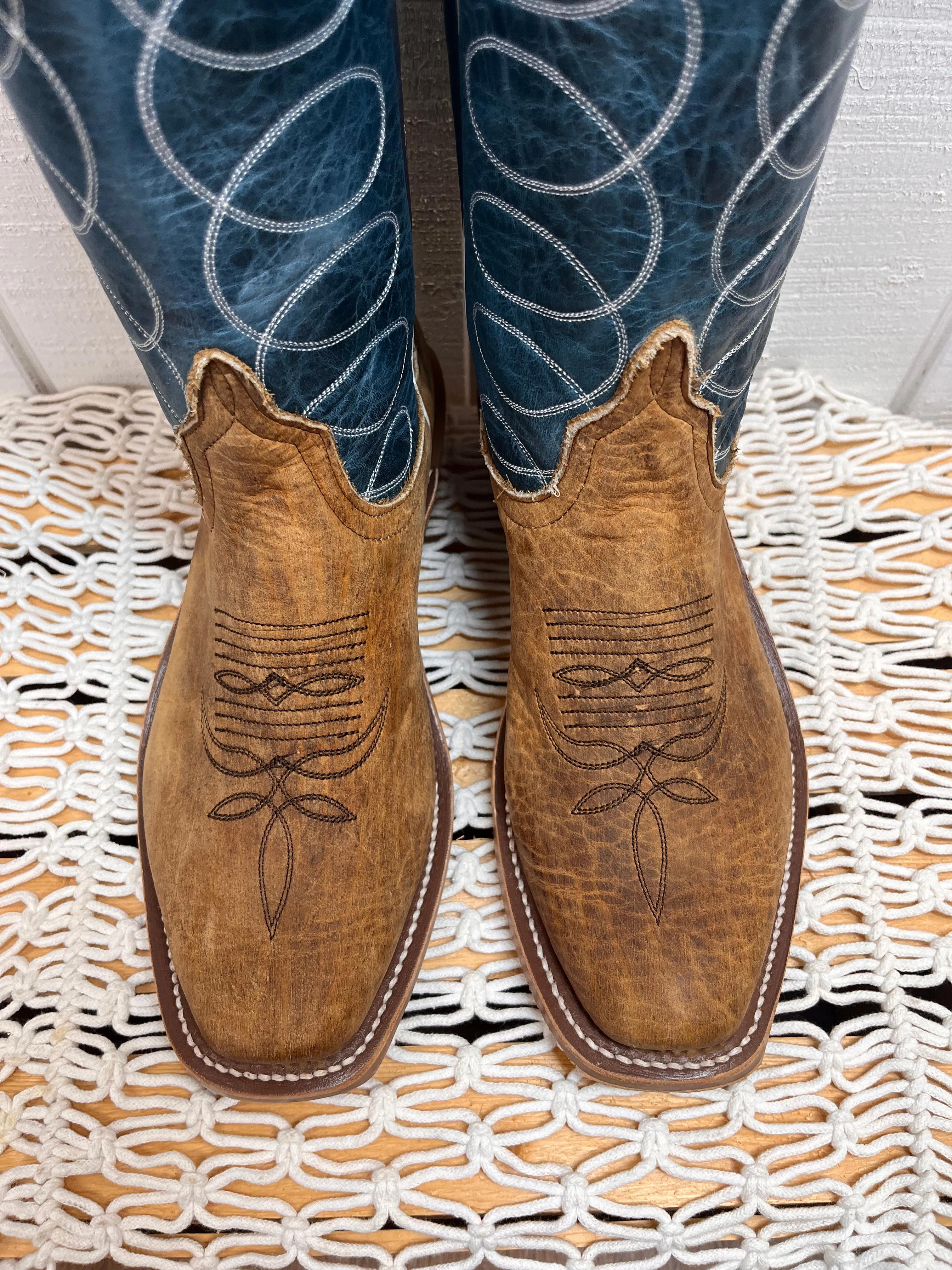 Anderson Bean Men's Tan Distressed Buffalo & Blue Lava Top Cutter Toe Cowboy Boots 336975