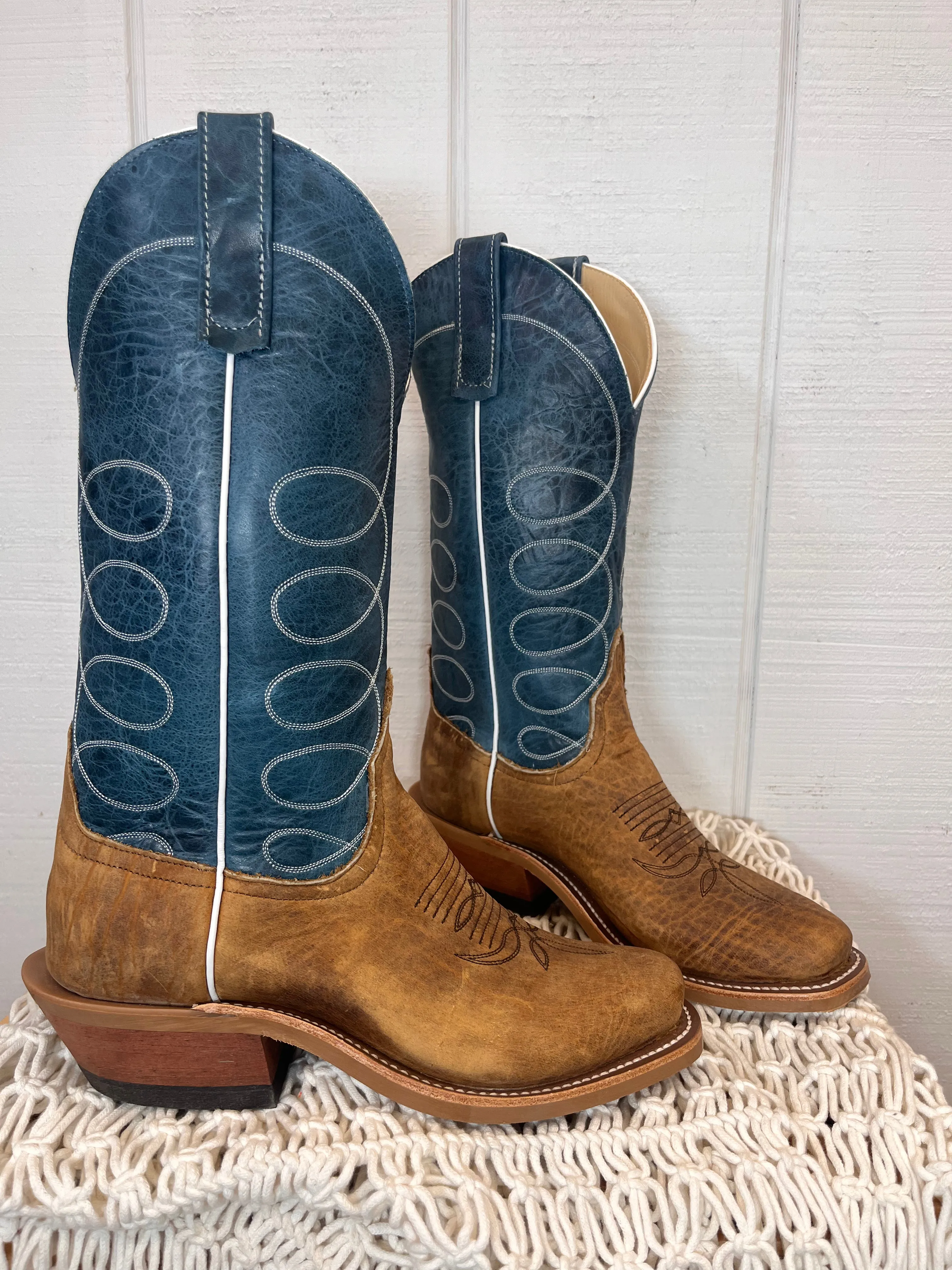 Anderson Bean Men's Tan Distressed Buffalo & Blue Lava Top Cutter Toe Cowboy Boots 336975