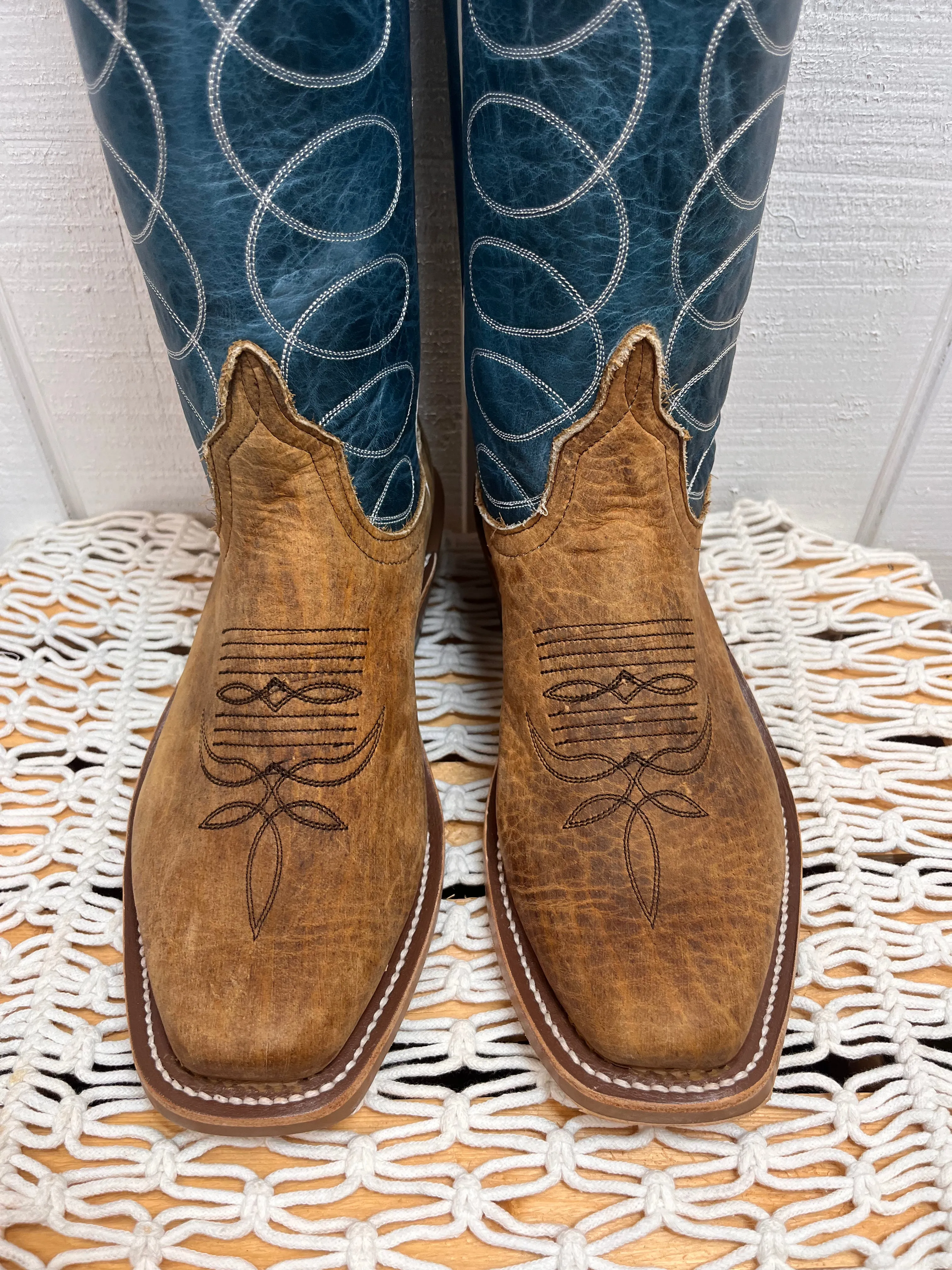Anderson Bean Men's Tan Distressed Buffalo & Blue Lava Top Cutter Toe Cowboy Boots 336975