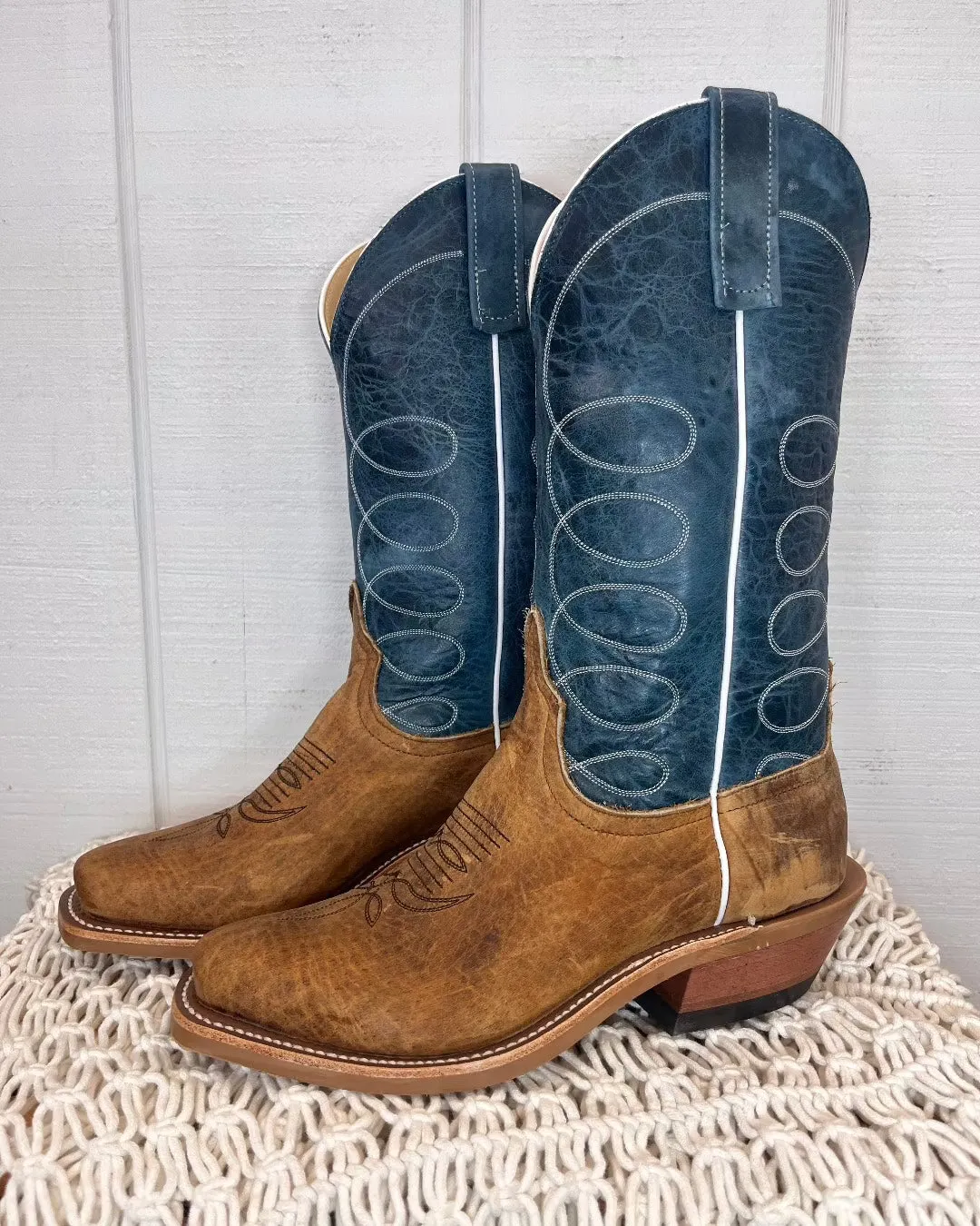 Anderson Bean Men's Tan Distressed Buffalo & Blue Lava Top Cutter Toe Cowboy Boots 336975