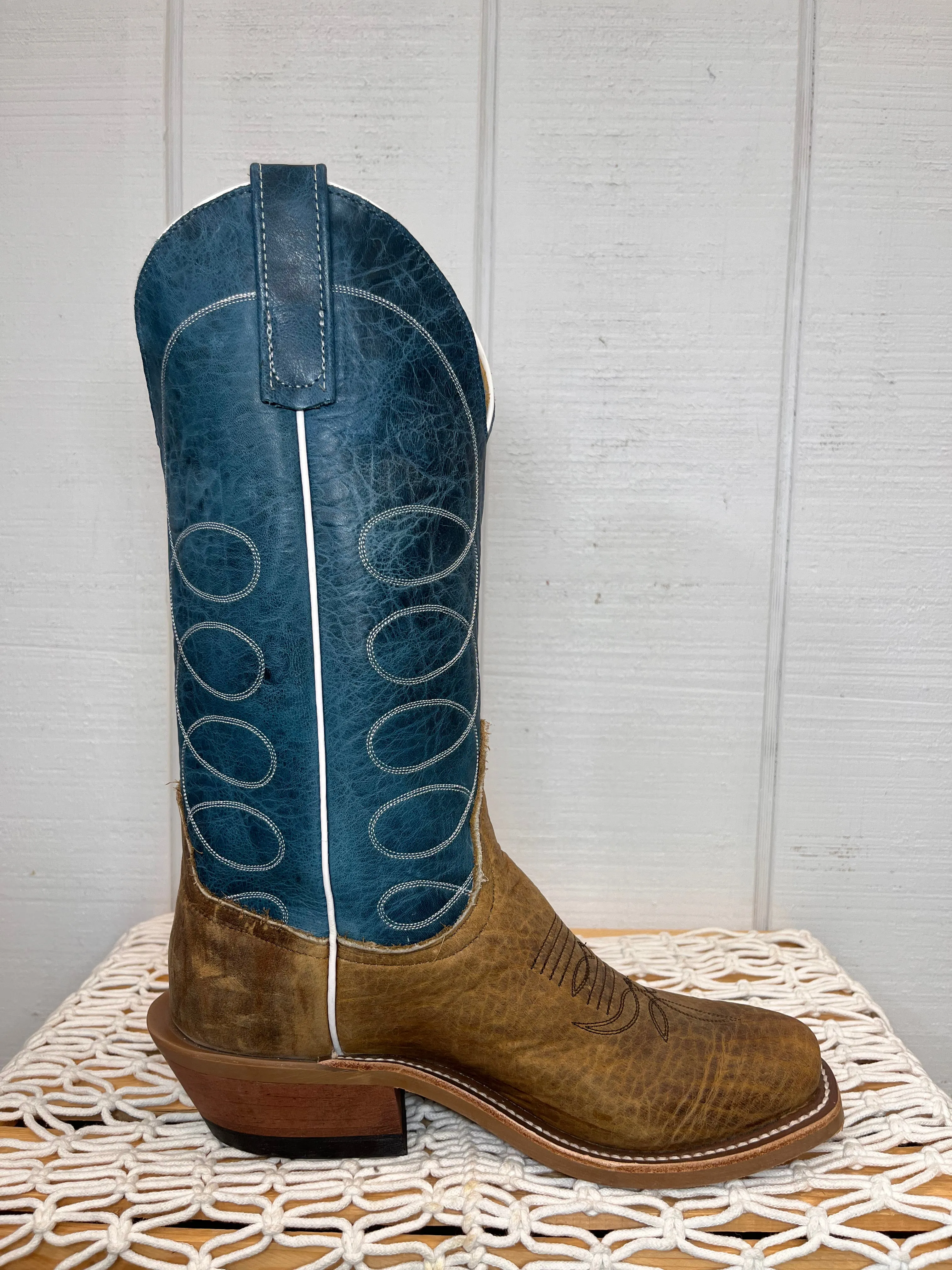 Anderson Bean Men's Tan Distressed Buffalo & Blue Lava Top Cutter Toe Cowboy Boots 336975