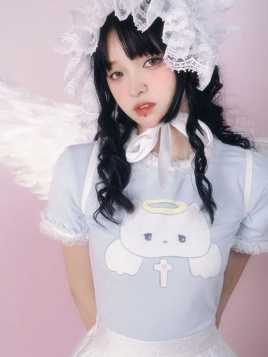 Angel Birthday Kitten Print Trim Lace Short Sleeve T-shirt