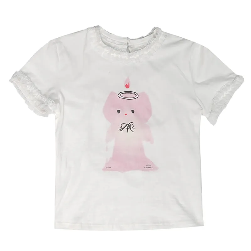 Angel Birthday Kitten Print Trim Lace Short Sleeve T-shirt