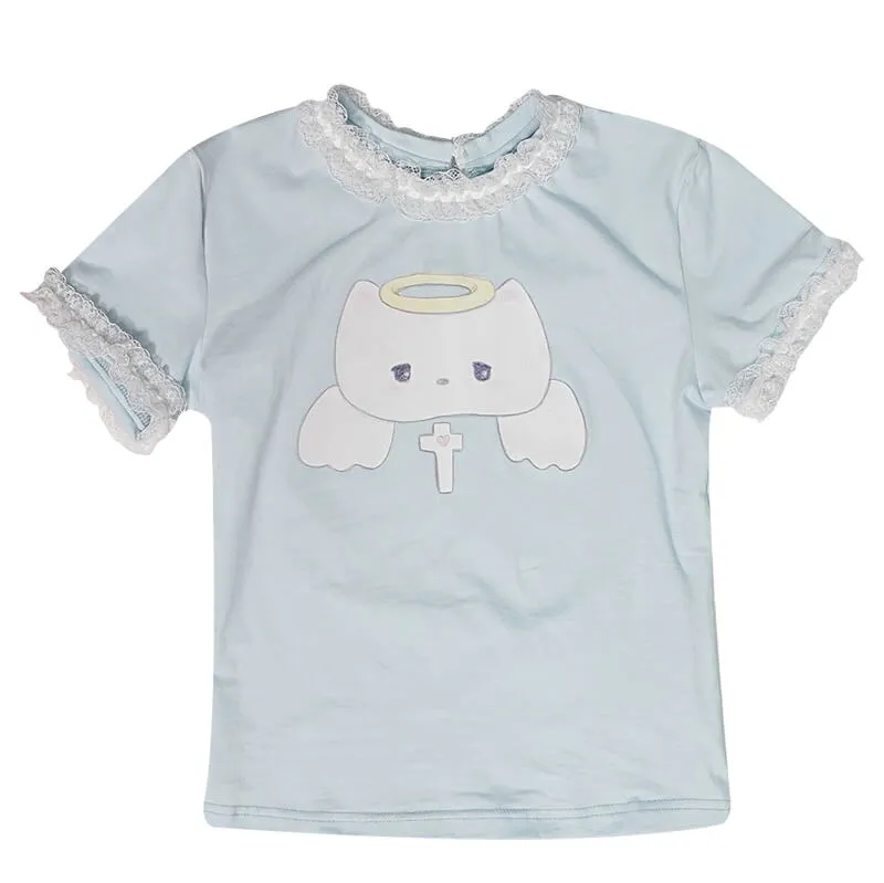 Angel Birthday Kitten Print Trim Lace Short Sleeve T-shirt