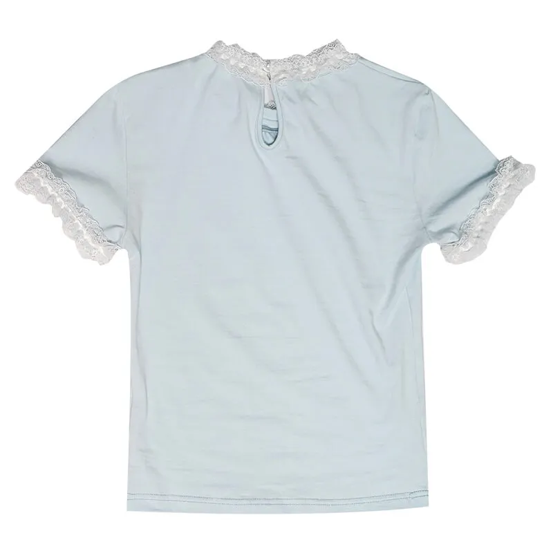 Angel Birthday Kitten Print Trim Lace Short Sleeve T-shirt