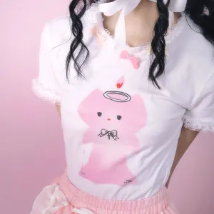 Angel Birthday Kitten Print Trim Lace Short Sleeve T-shirt