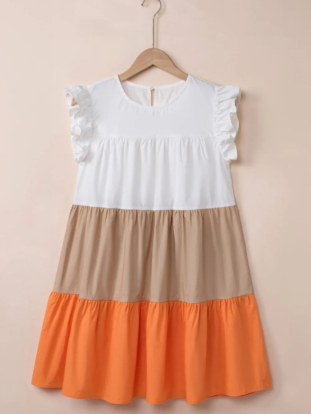 Apricot Colorblock Patchwork Ruffle Tiered Mini Dress
