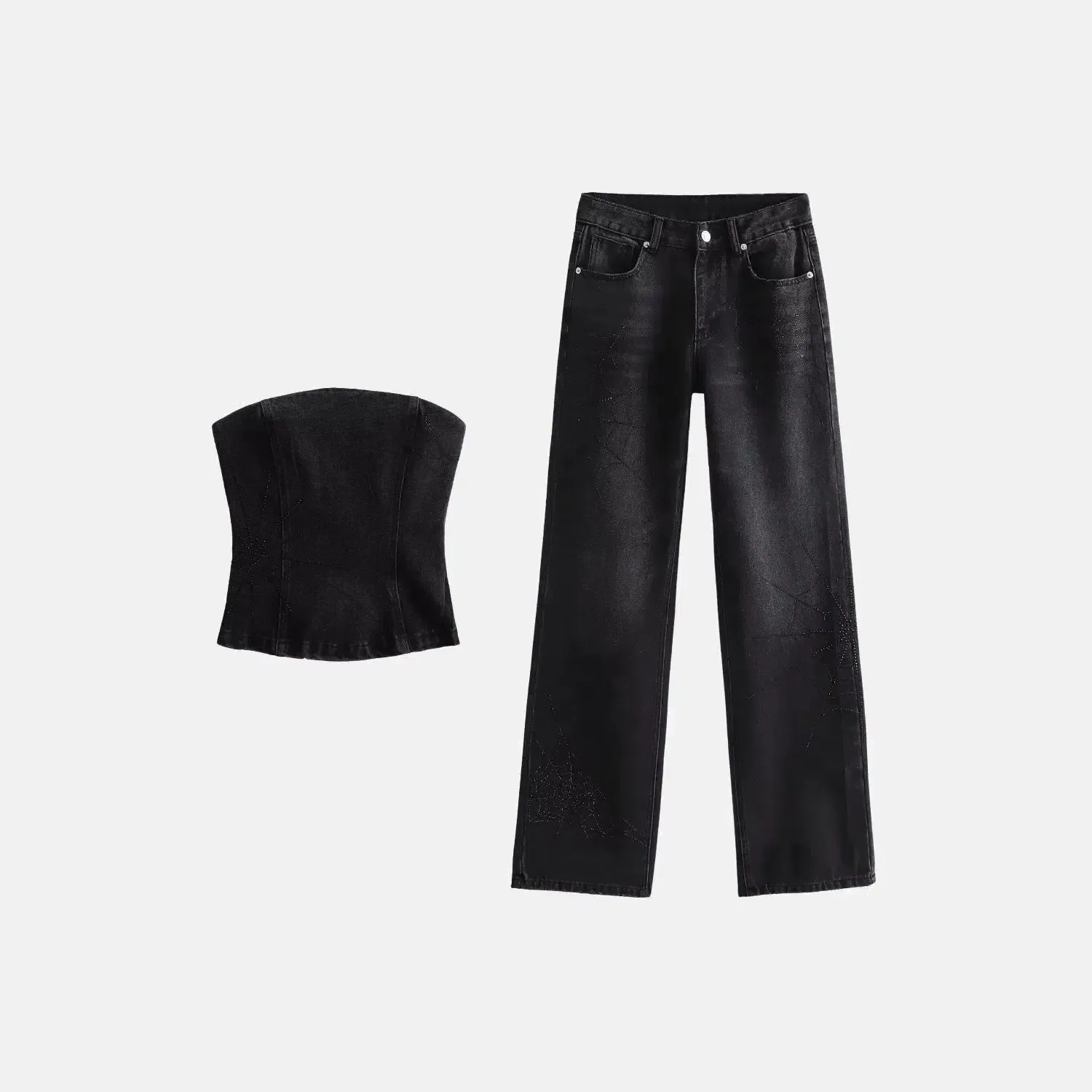 Araignée Chic Set – Black denim – Gemstone spider web jeans