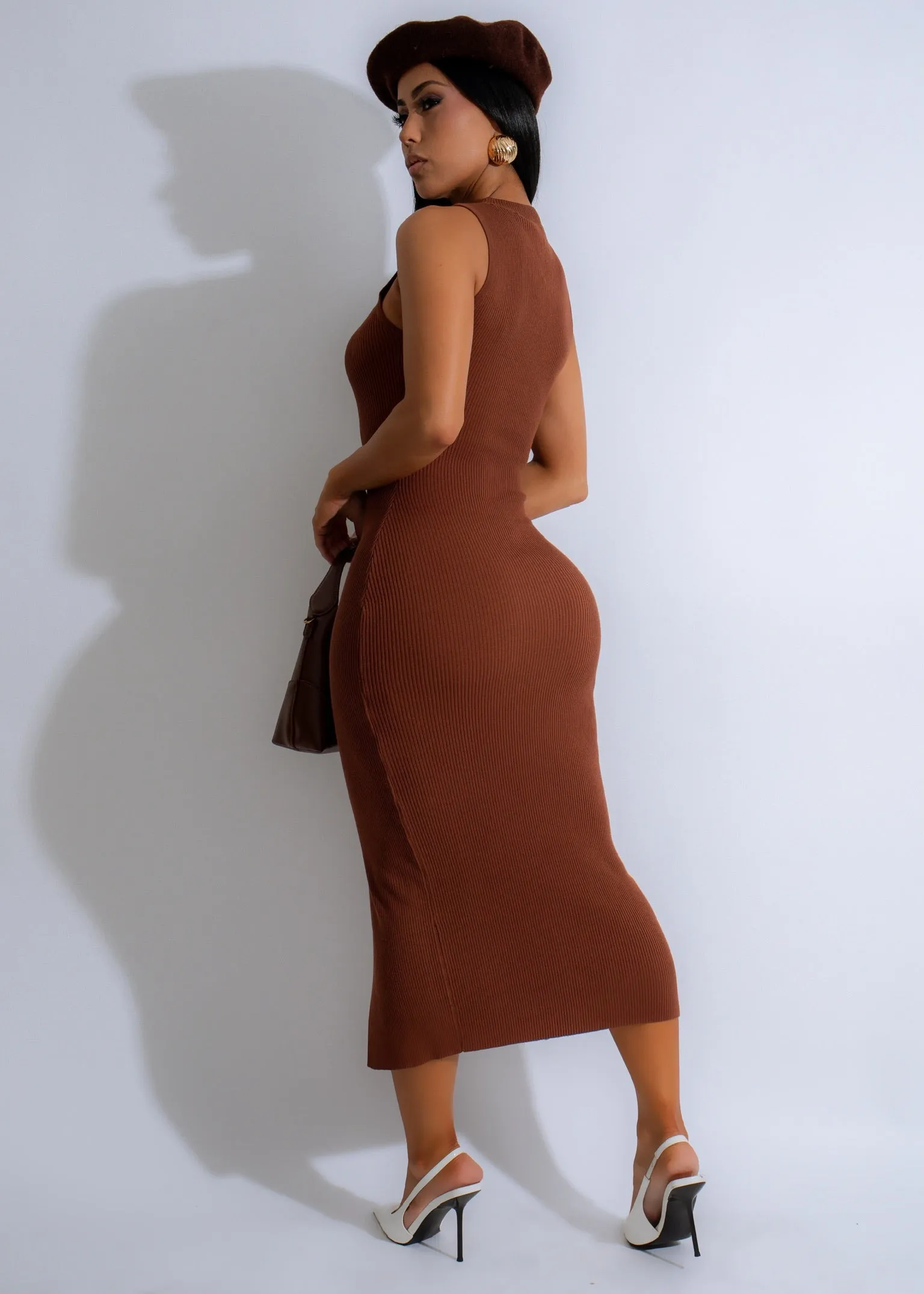 Aria Keyhole Knit Ribbed Midi Dress Brown
