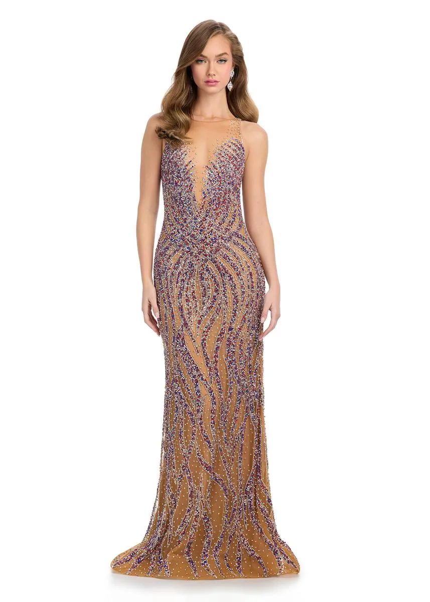 ASHLEYlauren Illusion Beaded Long Prom Dress 12006