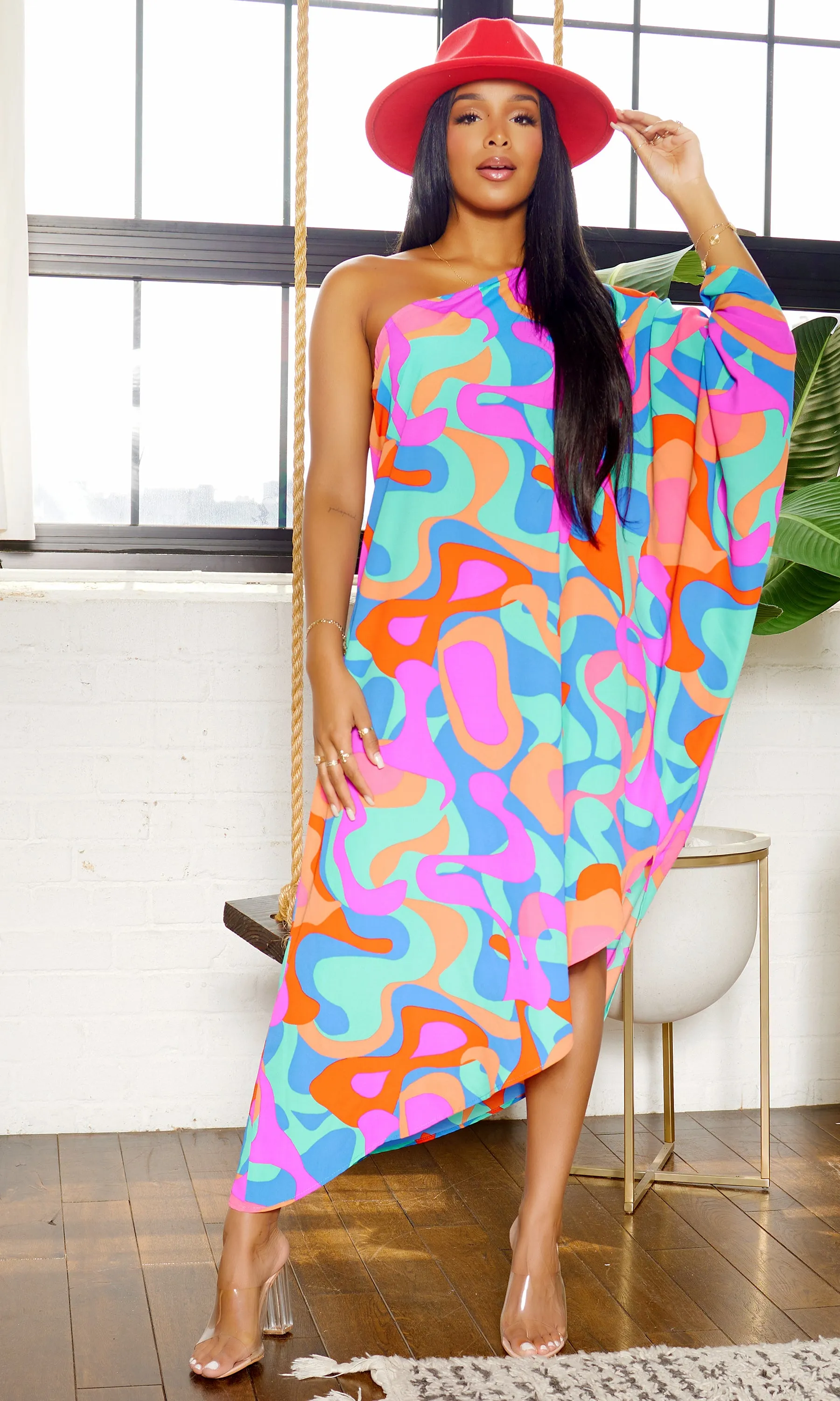 Asymmetrical One Sleeve Dress - Multi- MINT