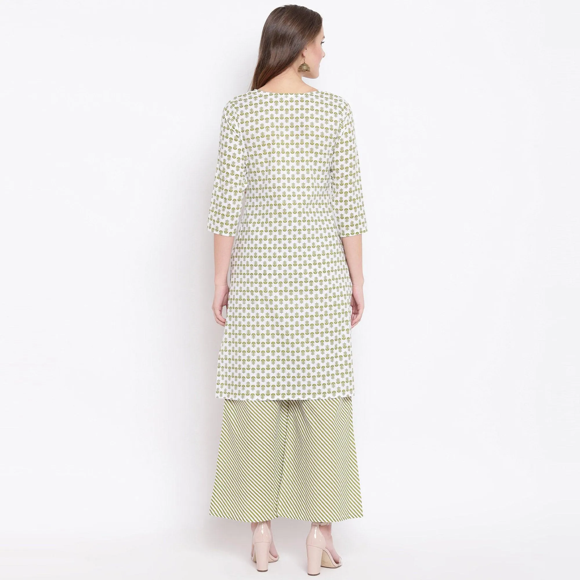 Attractive Green Colored Casual Printed Cotton Kurti-Palazzo Set