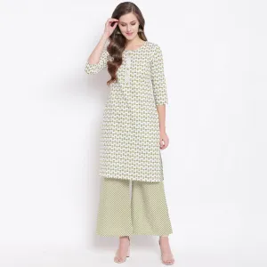 Attractive Green Colored Casual Printed Cotton Kurti-Palazzo Set