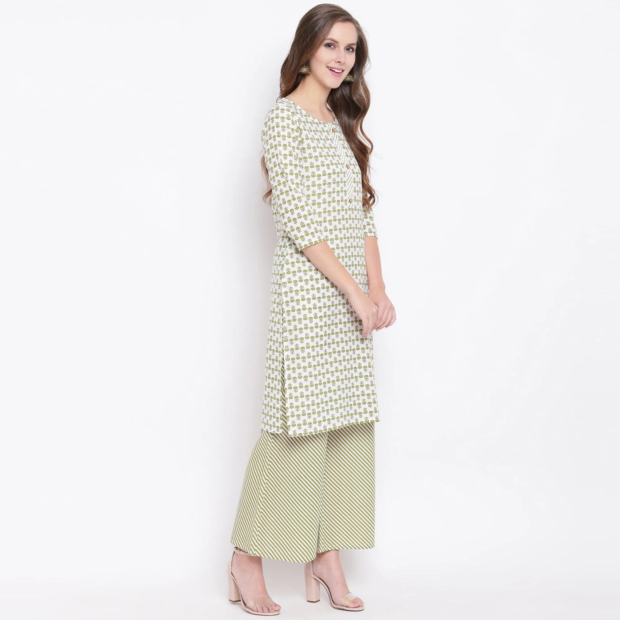 Attractive Green Colored Casual Printed Cotton Kurti-Palazzo Set