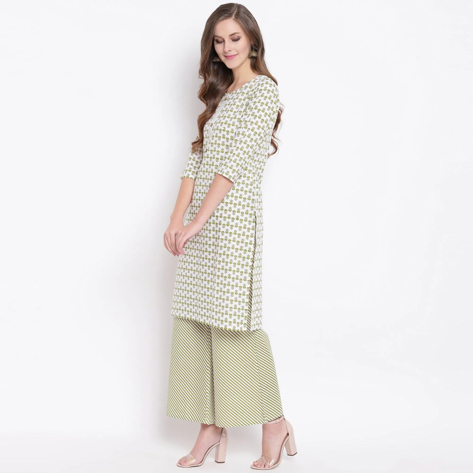 Attractive Green Colored Casual Printed Cotton Kurti-Palazzo Set