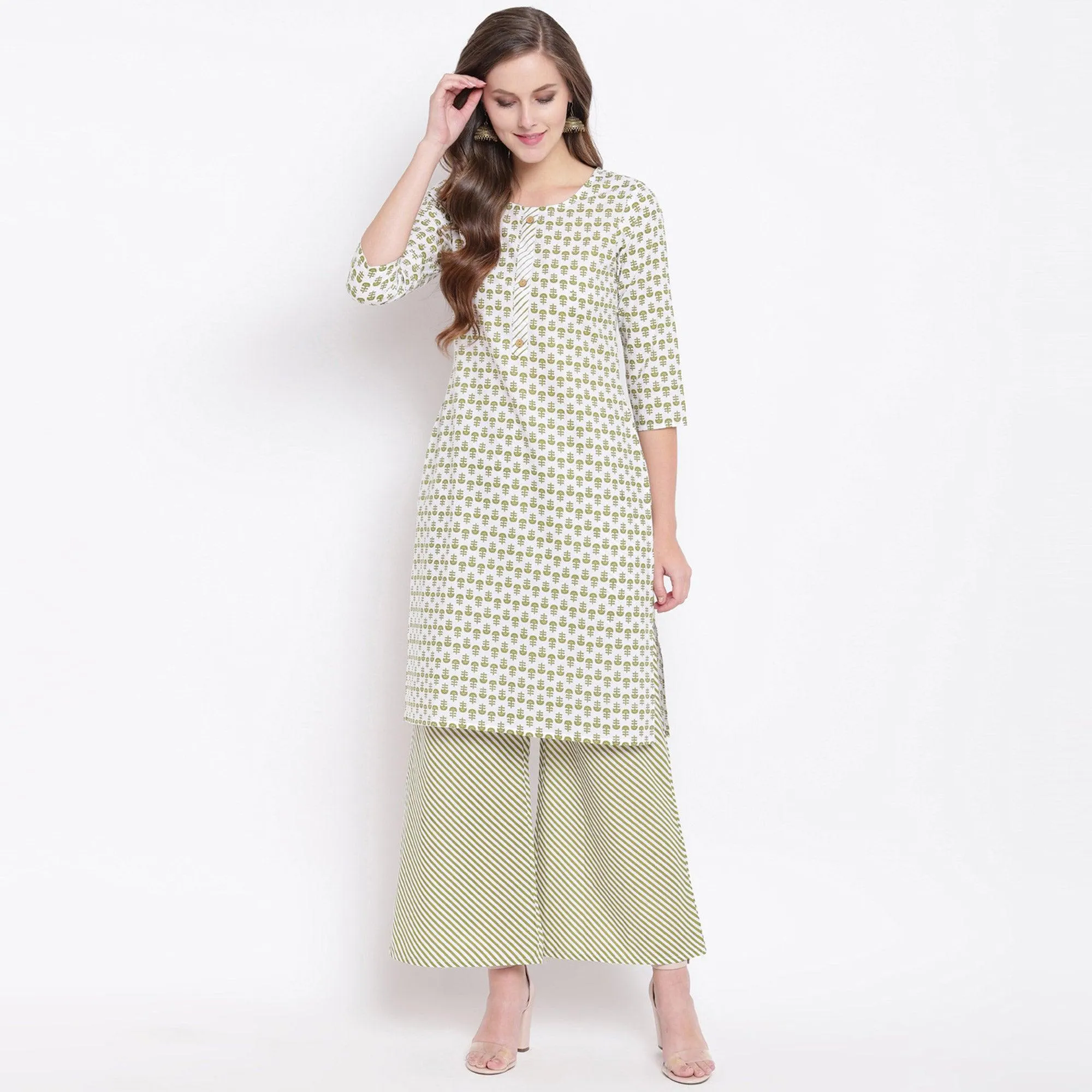 Attractive Green Colored Casual Printed Cotton Kurti-Palazzo Set