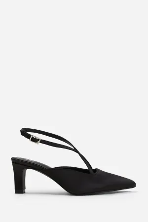 AUSTEN POINTED TOE LOW BLOCK HEEL WITH CROSS OVER ANKLE STRAP IN BLACK SATIN