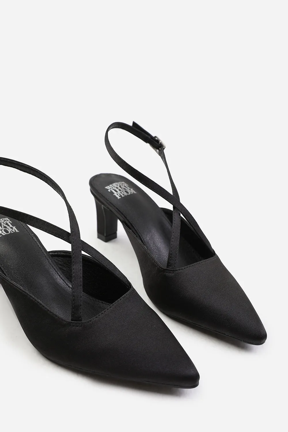 AUSTEN POINTED TOE LOW BLOCK HEEL WITH CROSS OVER ANKLE STRAP IN BLACK SATIN