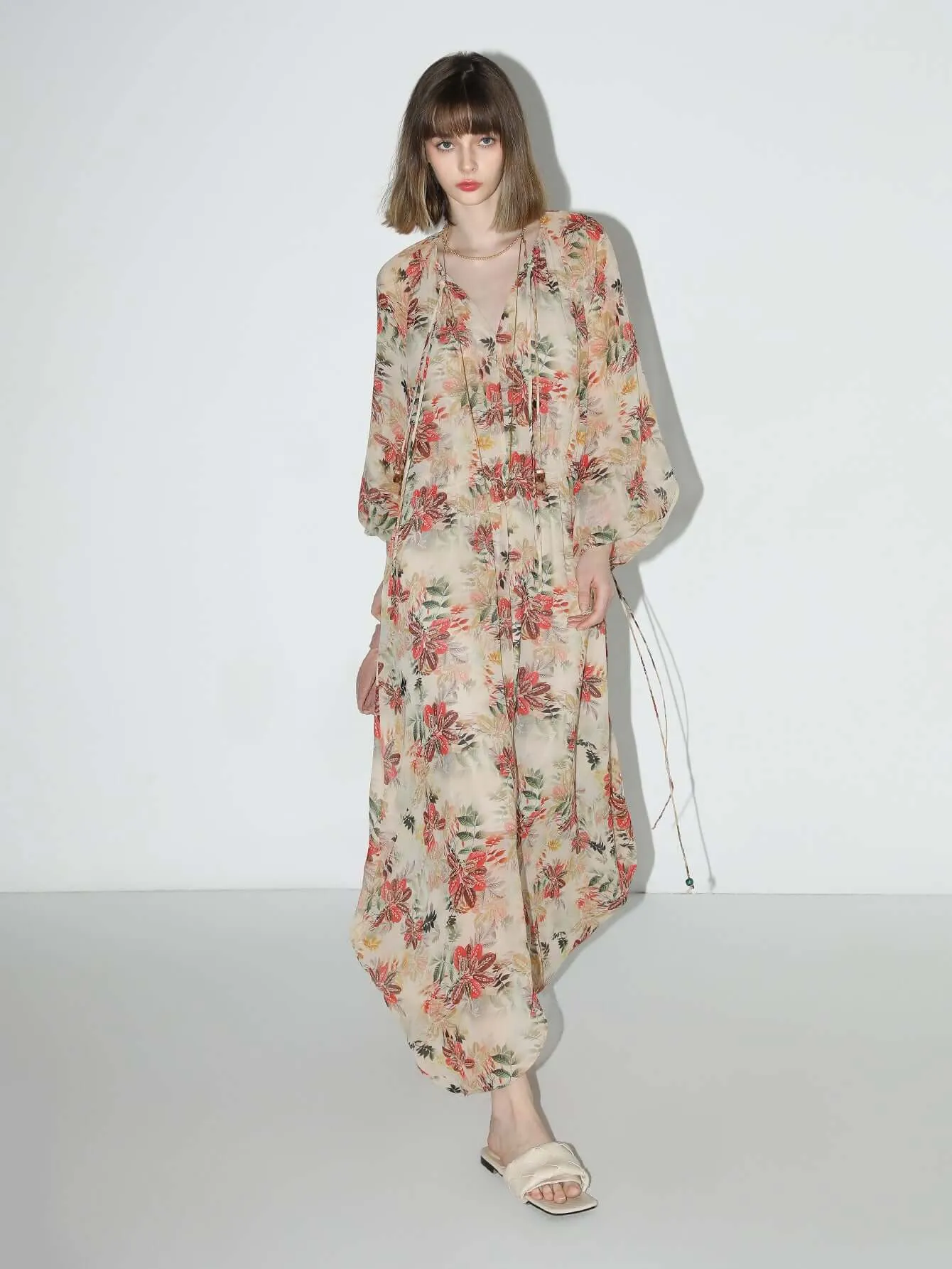 Autumn Floral Chiffon Maxi Dress