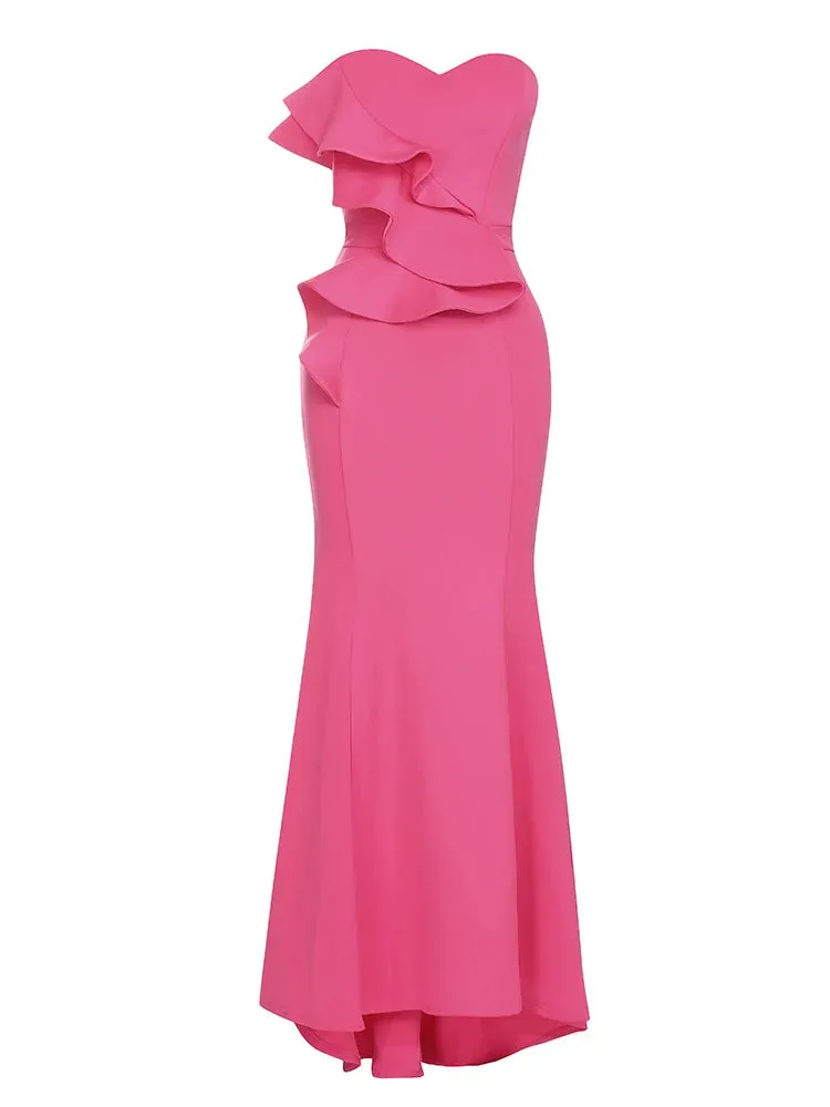 Aveline Pink Strapless Ruffle Mermaid Style Gown Dress
