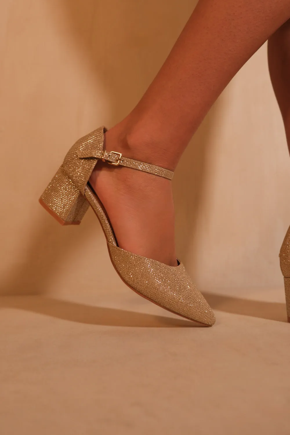 AYRA POINTED TOE LOW BLOCK HEEL SANDALS IN CHAMPAGNE SHIMMER