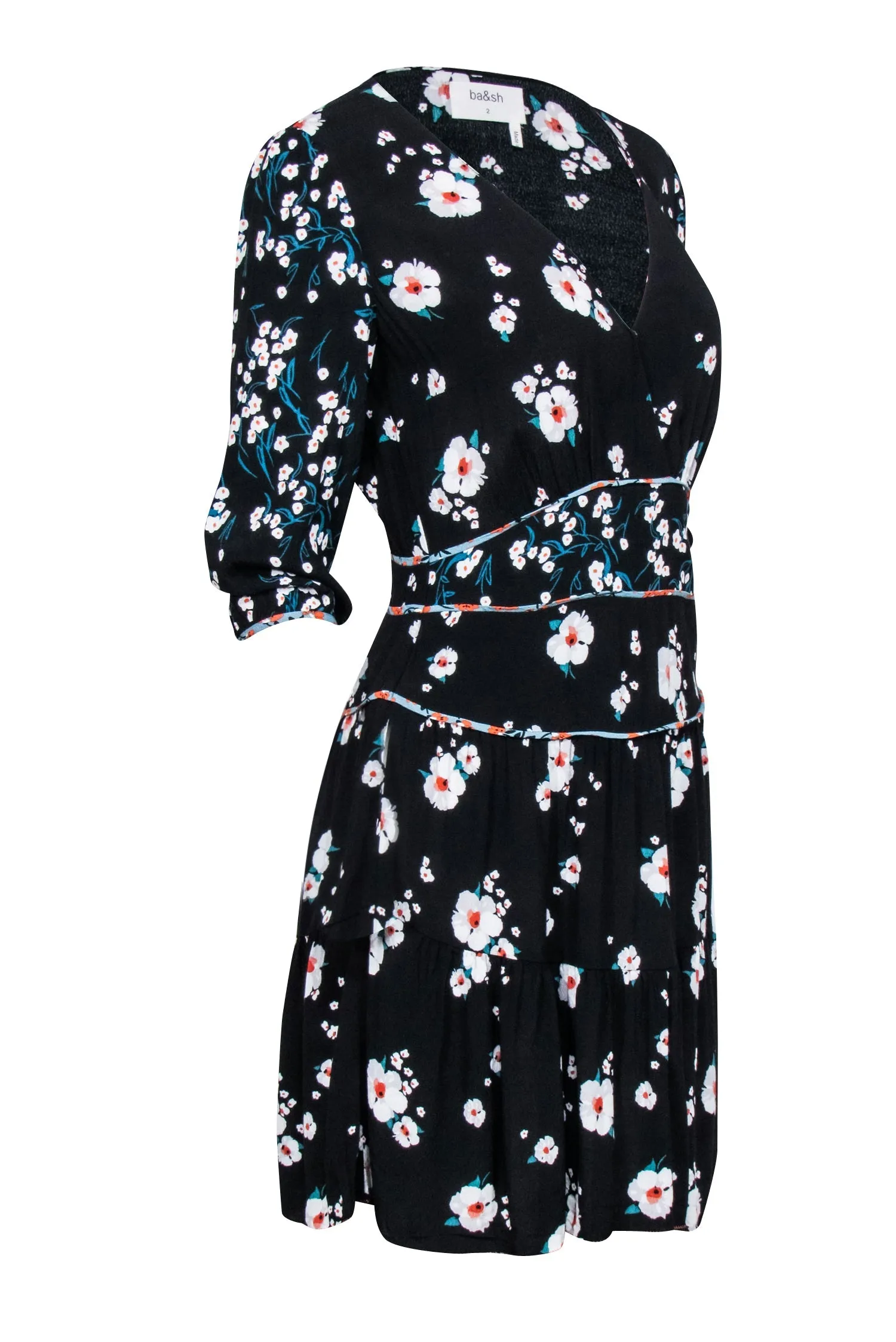 Ba&sh - Black Floral Print Crepe "Belize" Mini Dress Sz 8