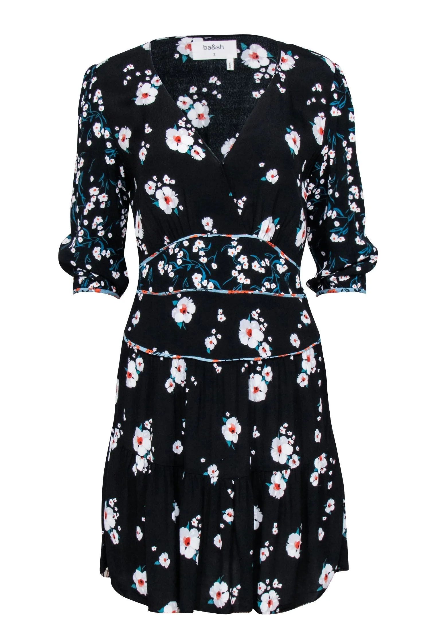 Ba&sh - Black Floral Print Crepe "Belize" Mini Dress Sz 8