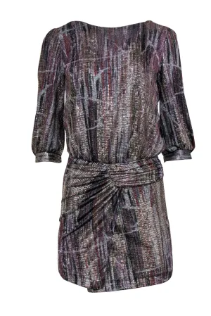 Ba&sh - Silver, Purple & Rust Metallic Quarter Sleeve Ruched Dress Sz 4