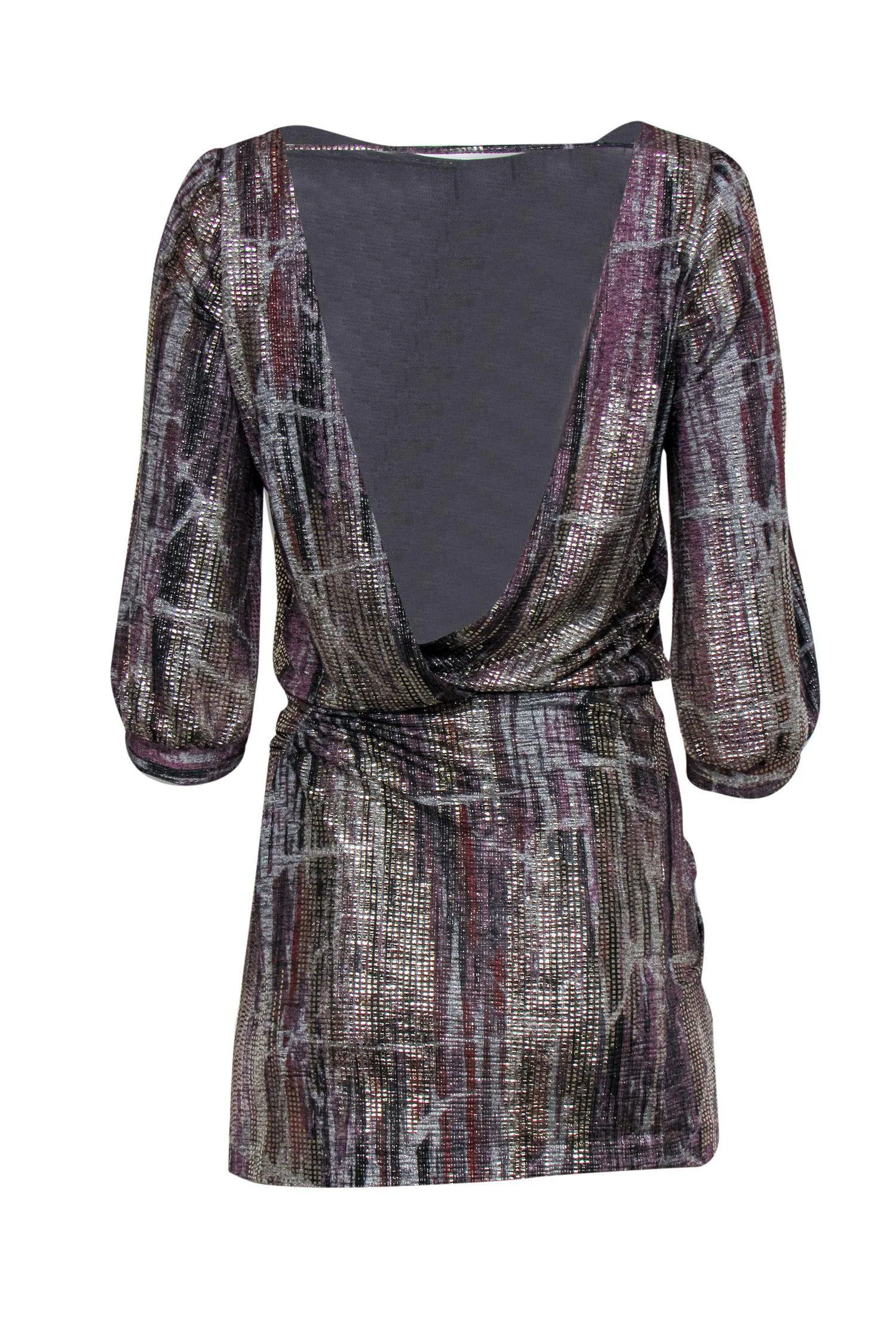 Ba&sh - Silver, Purple & Rust Metallic Quarter Sleeve Ruched Dress Sz 4
