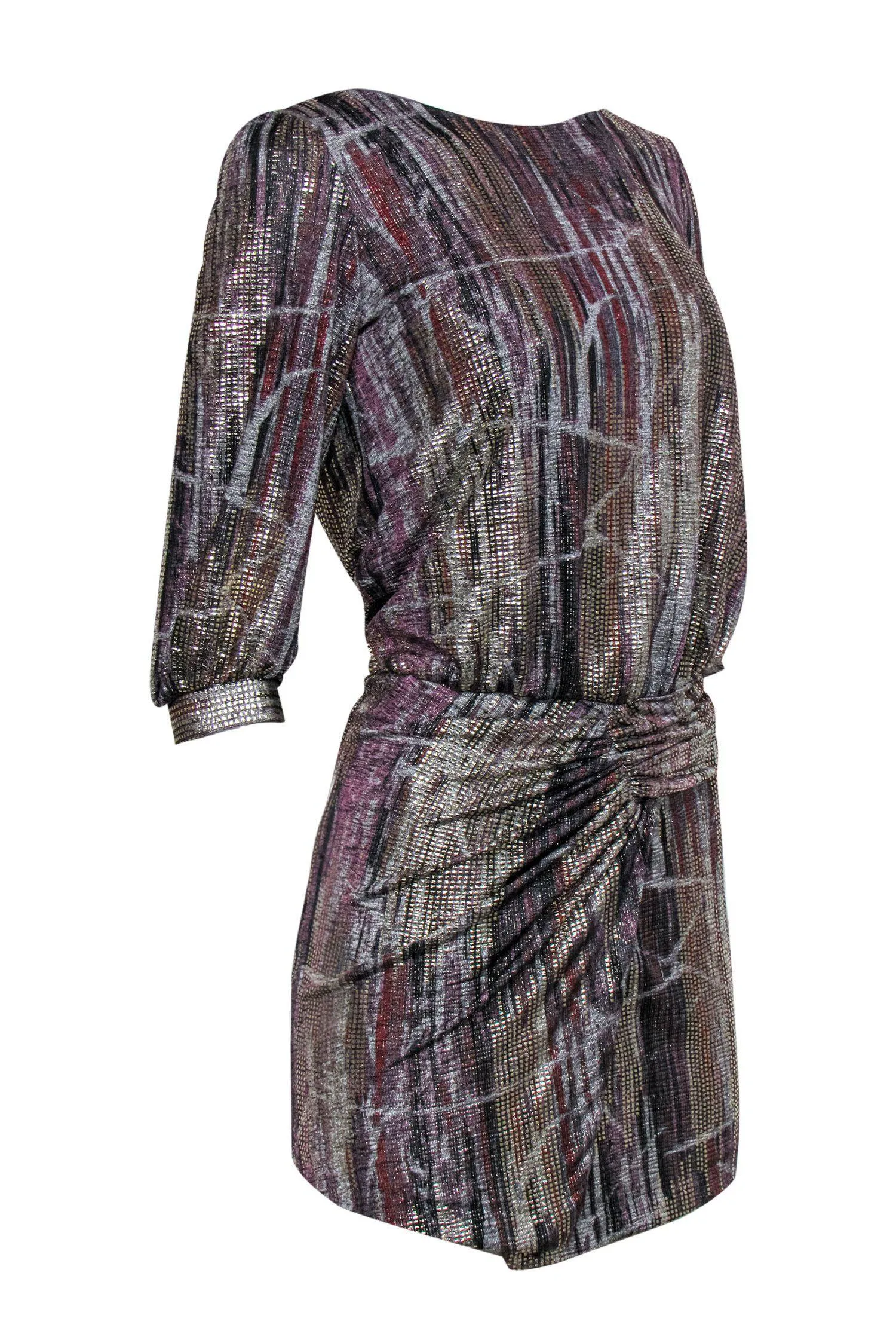 Ba&sh - Silver, Purple & Rust Metallic Quarter Sleeve Ruched Dress Sz 4