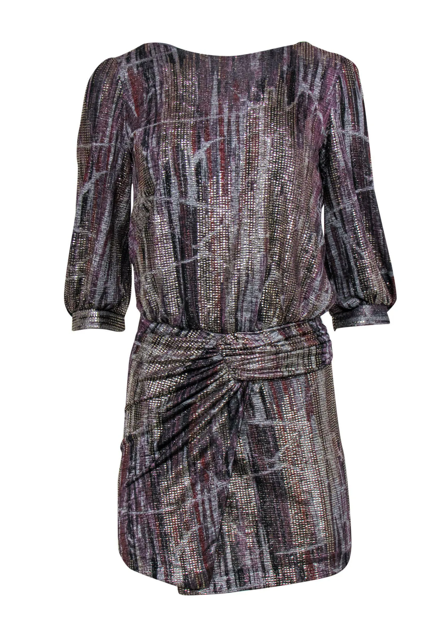 Ba&sh - Silver, Purple & Rust Metallic Quarter Sleeve Ruched Dress Sz 4