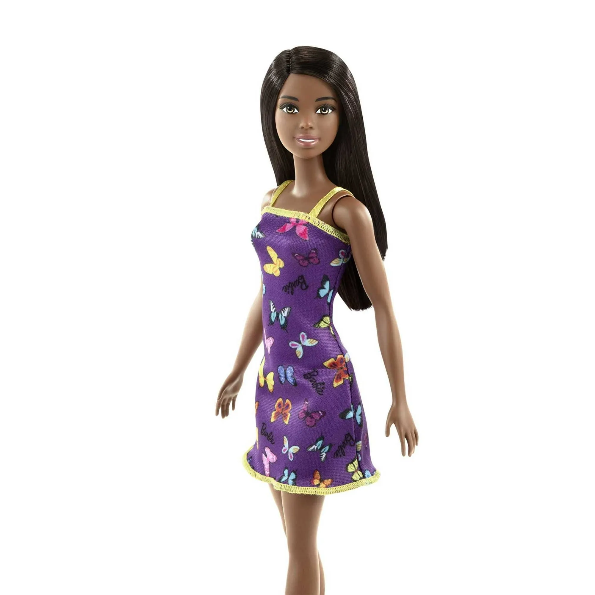Barbie Fashion Doll with Black Hair Dressed in Colorful Butterfly Print Dress & Strappy Heels, 11 in