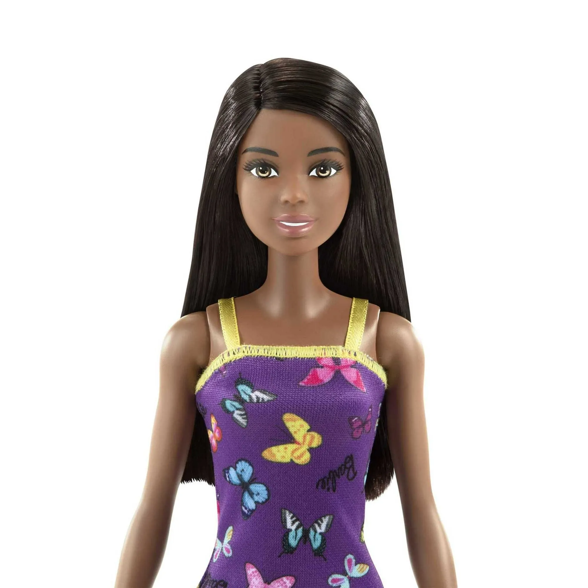 Barbie Fashion Doll with Black Hair Dressed in Colorful Butterfly Print Dress & Strappy Heels, 11 in