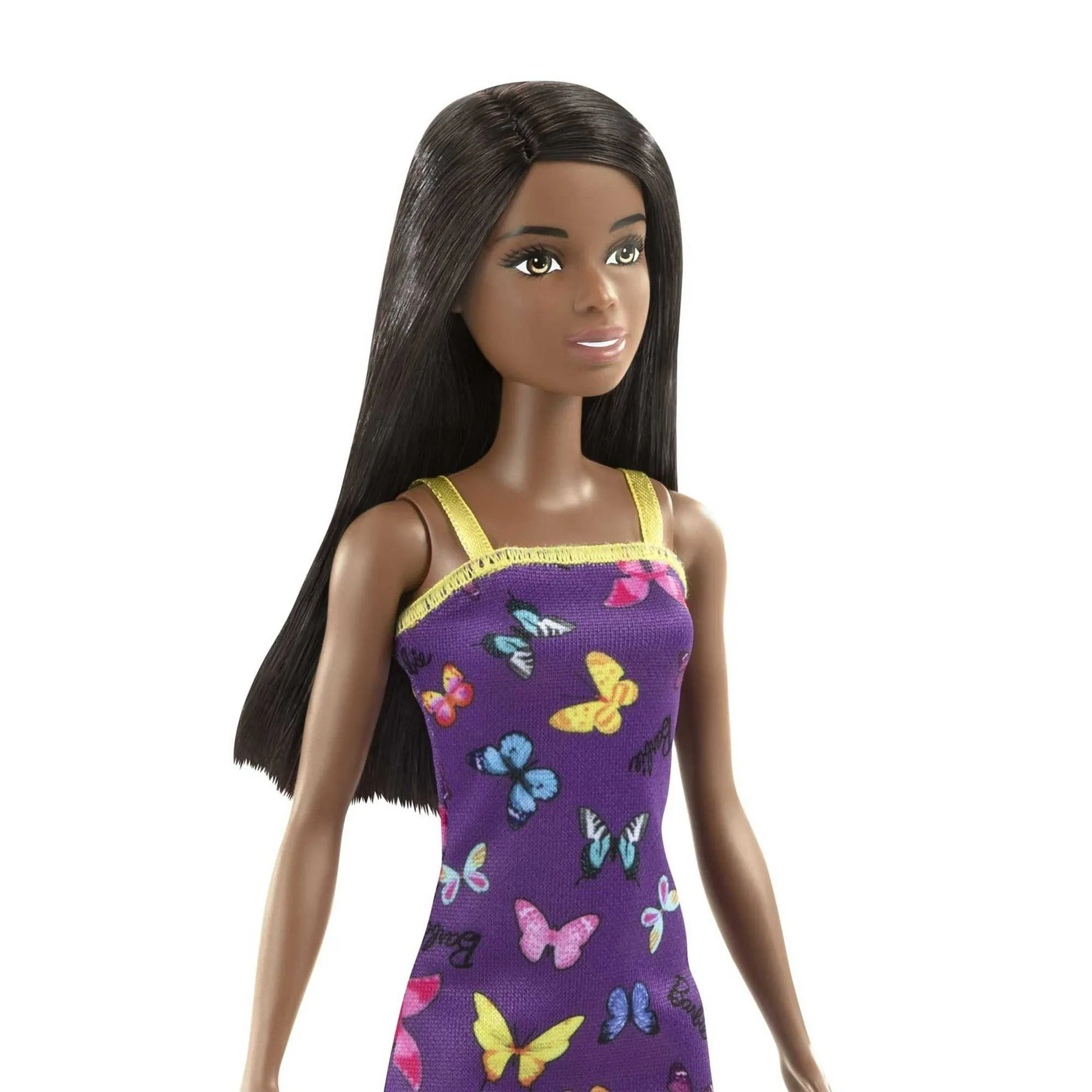 Barbie Fashion Doll with Black Hair Dressed in Colorful Butterfly Print Dress & Strappy Heels, 11 in