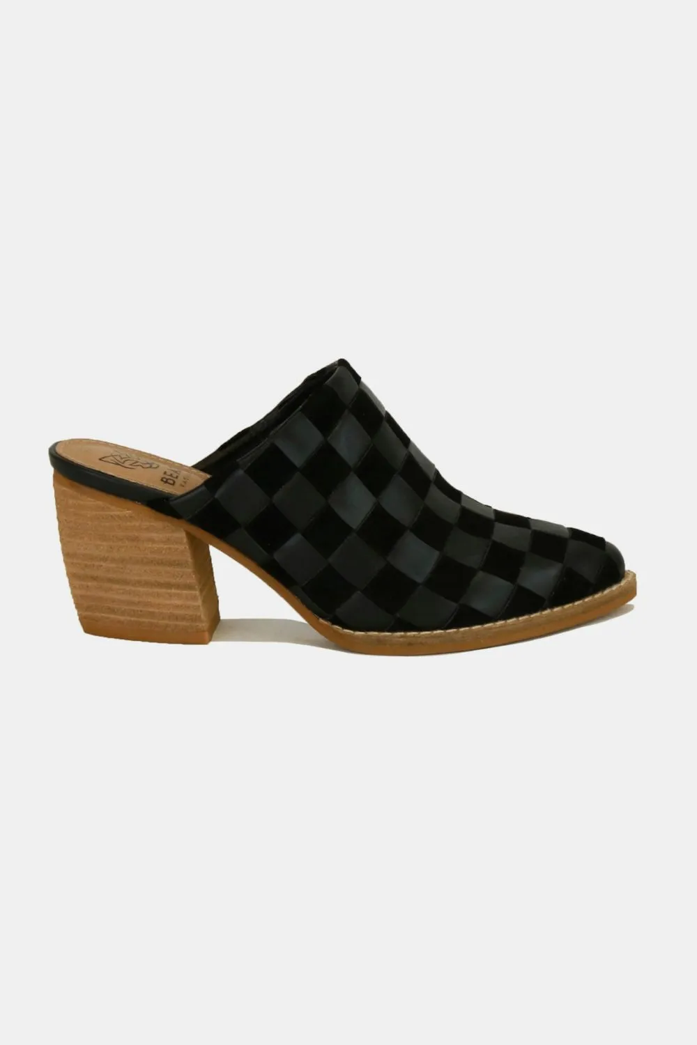Beast Fashion Black Woven Checkerboard Block Heel Mule Shoes