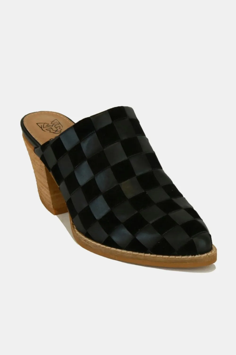 Beast Fashion Black Woven Checkerboard Block Heel Mule Shoes