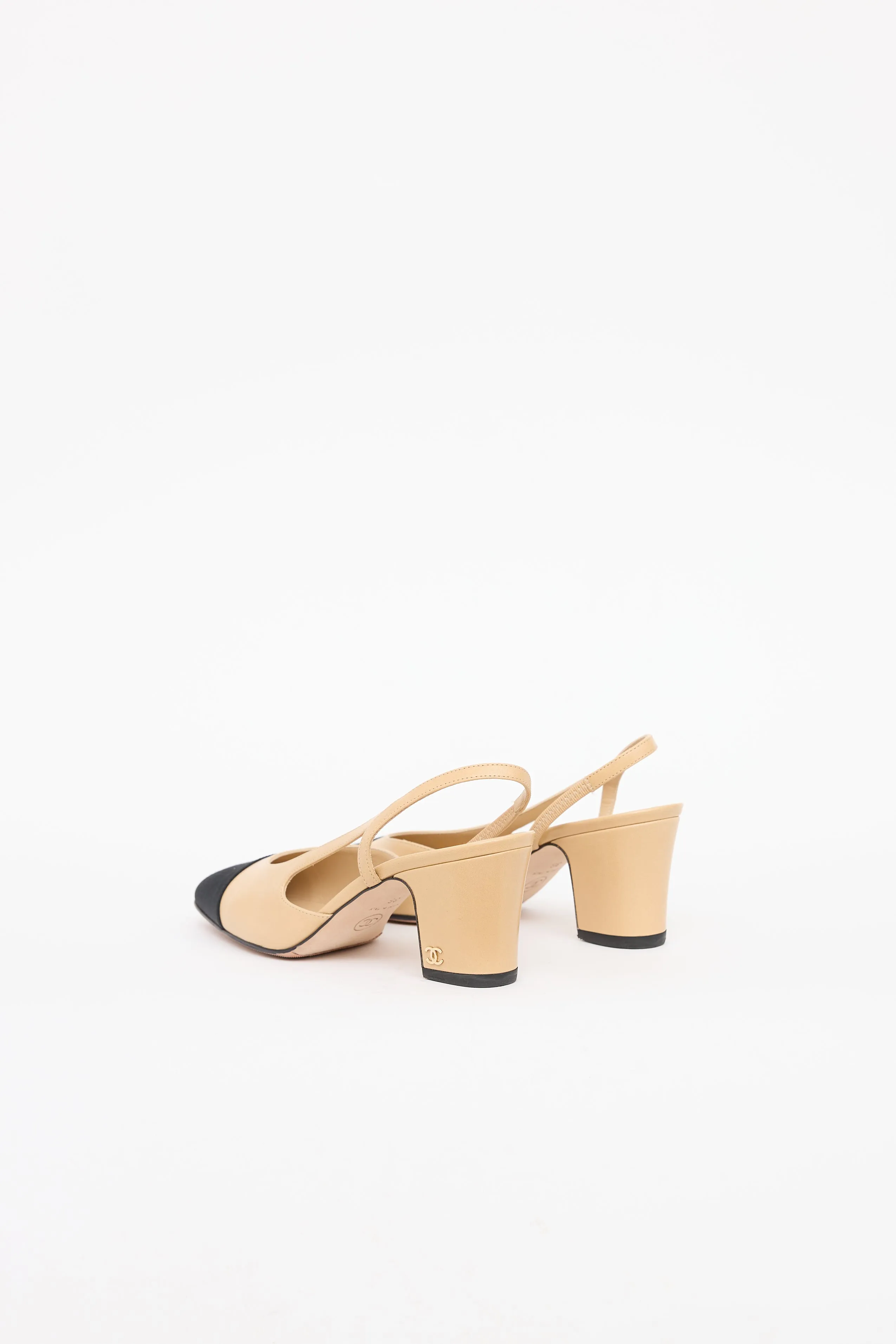 Beige & Black Cap Toe Slingback Heel