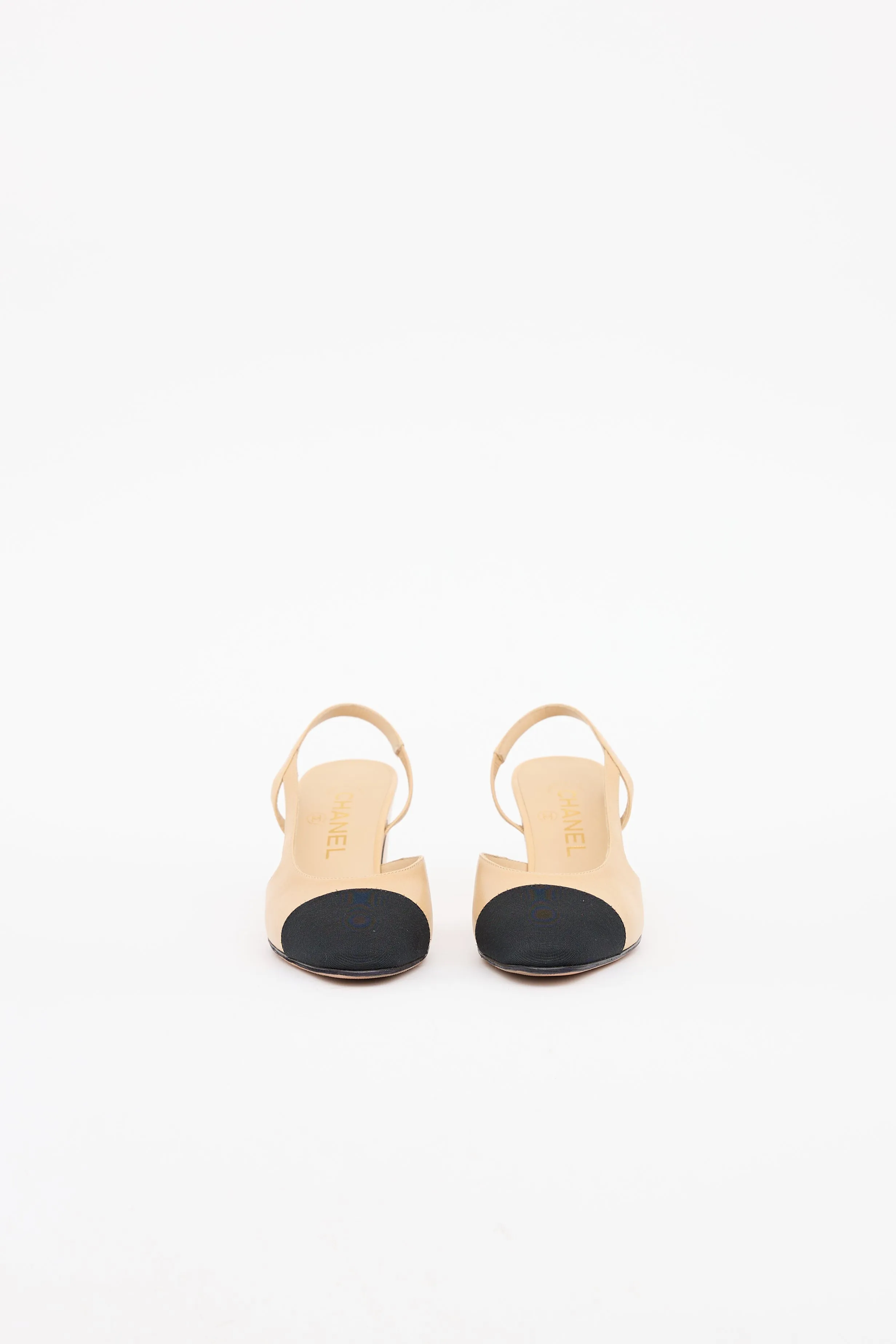 Beige & Black Cap Toe Slingback Heel
