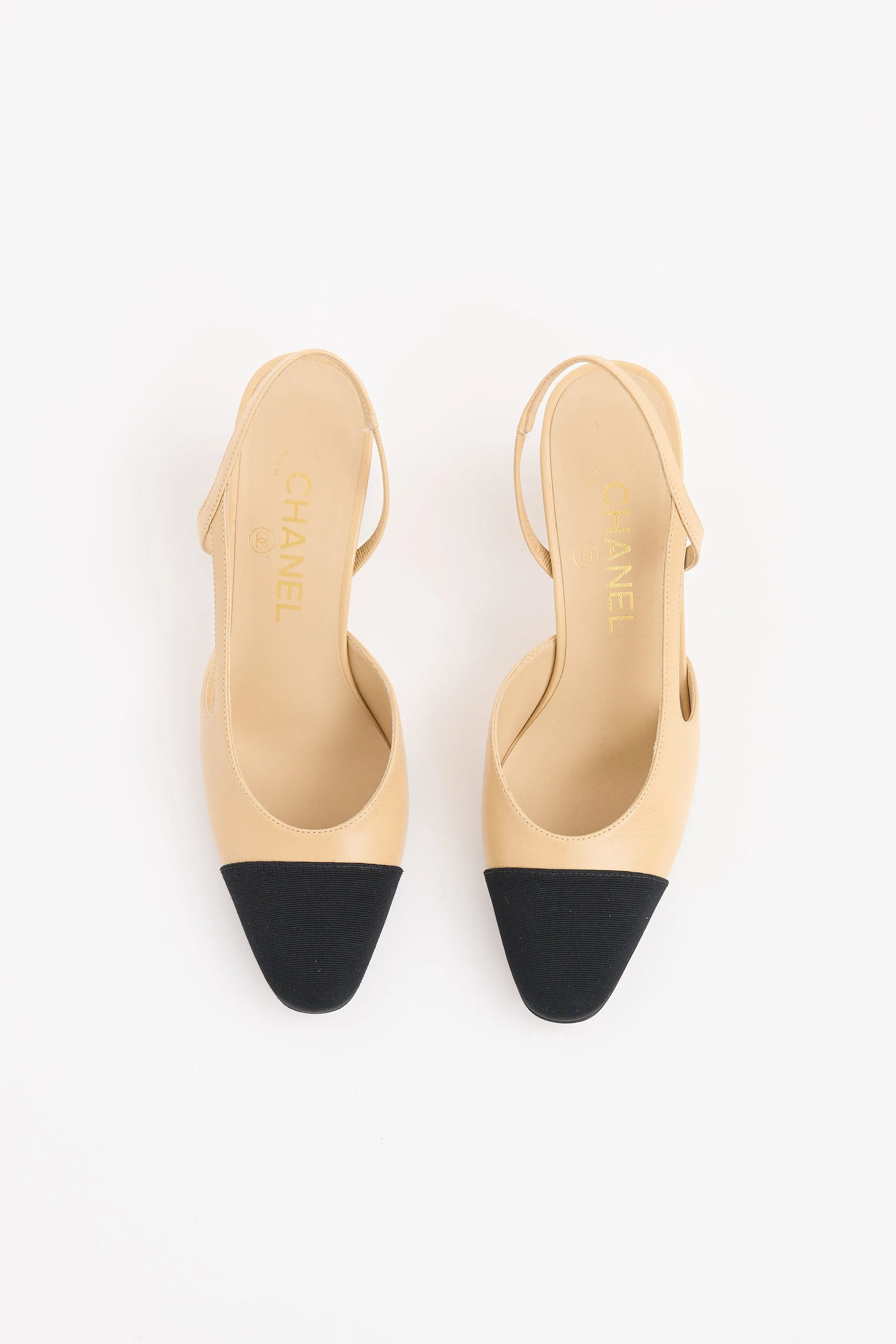 Beige & Black Cap Toe Slingback Heel