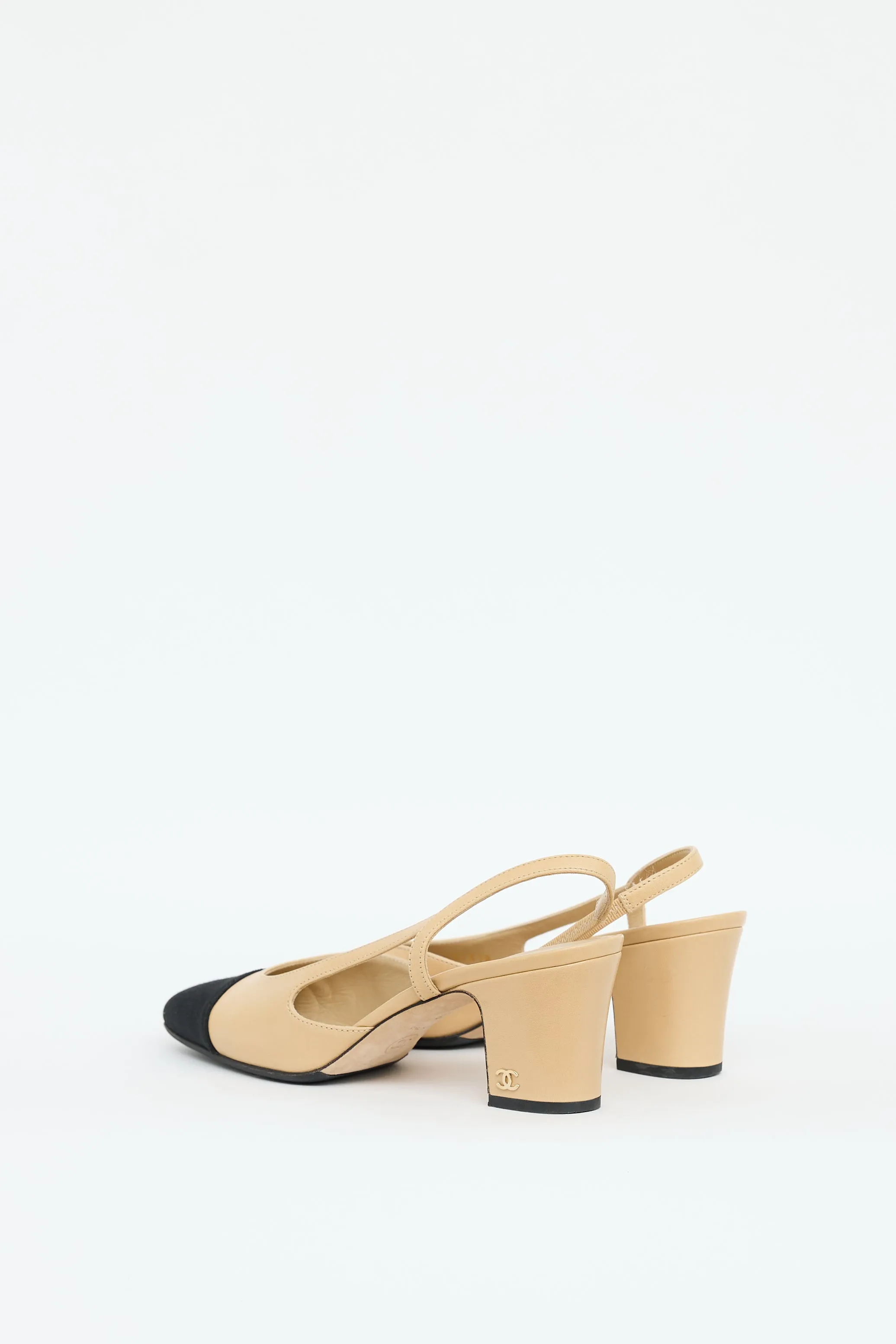 Beige & Black Leather Slingback Heel
