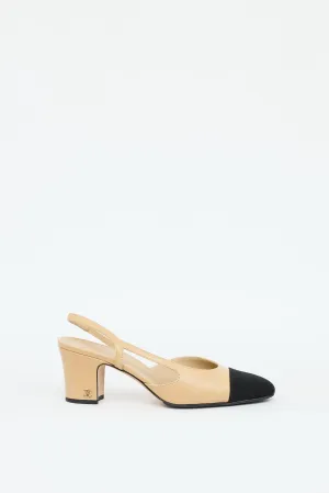 Beige & Black Leather Slingback Heel