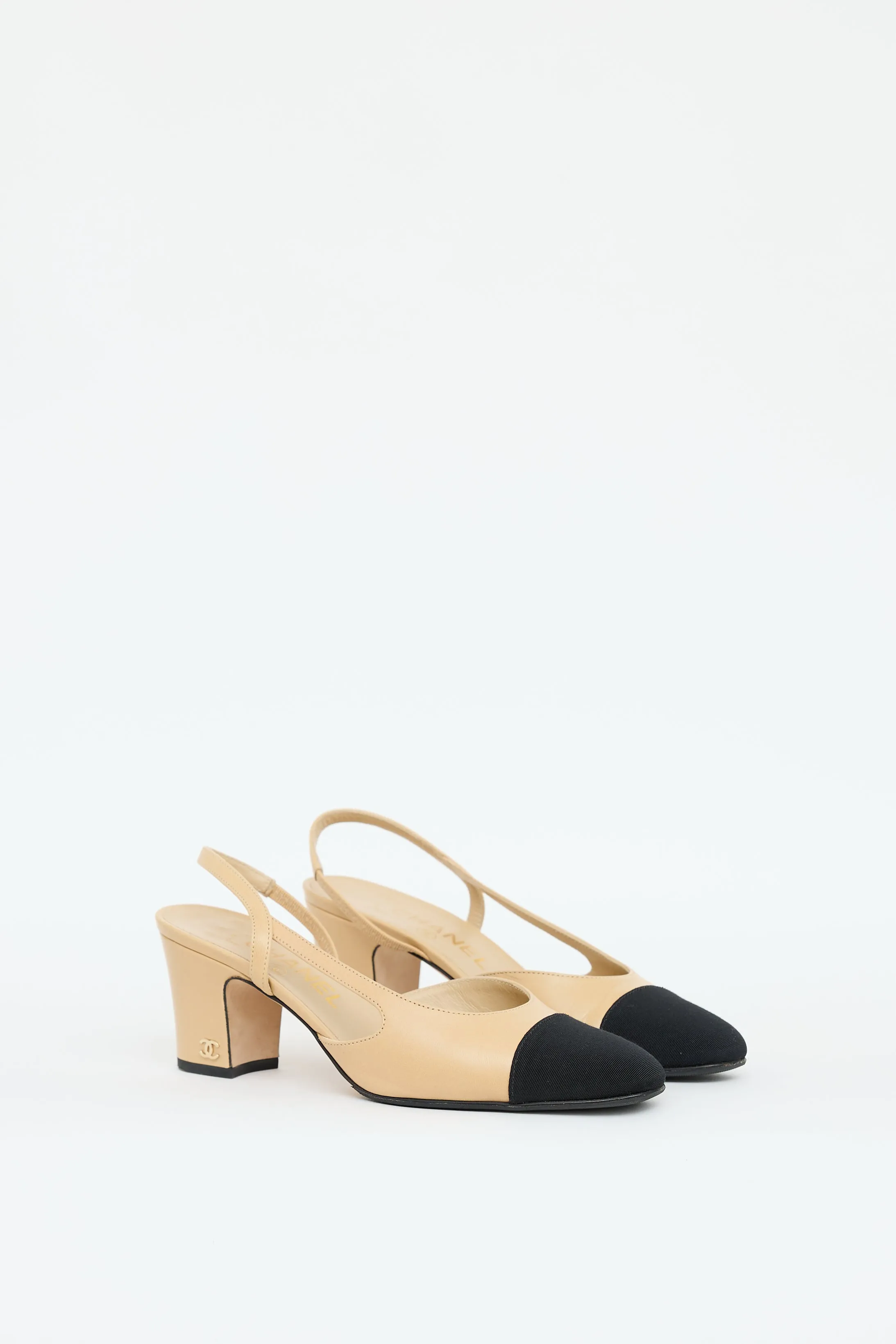 Beige & Black Leather Slingback Heel