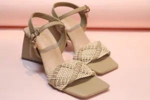 Beige Braided Strap Triangular Block Heels for Women