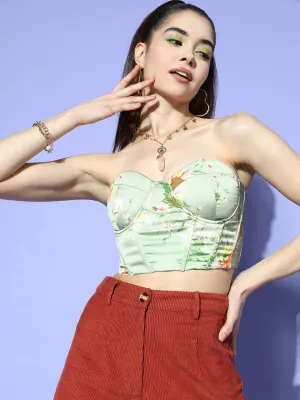 Berrylush Women Green & Orange Floral Printed Strapless Neck Satin Back Tie-Up Tube Cropped Top