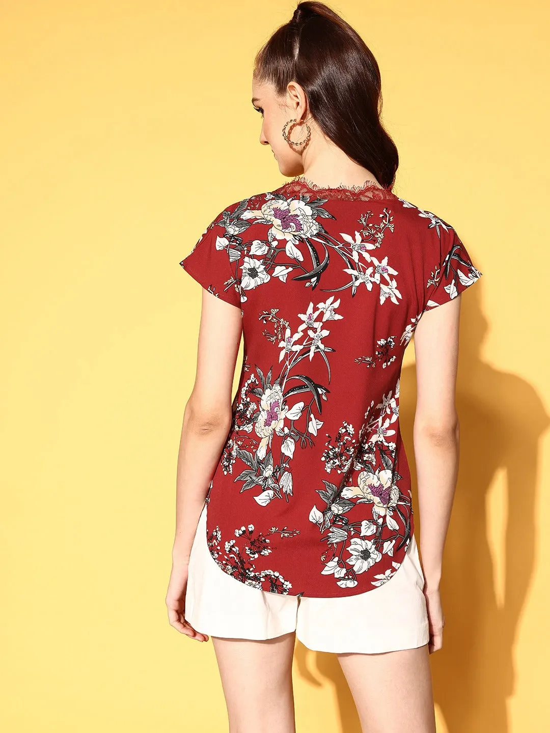 Berrylush Women Maroon & White Floral Printed V-Neck Lace Insert Curved Regular Top