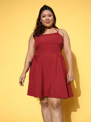 Berrylush Women Plus Size Solid Red Square Neck Tie-Up Caged Back Crepe Fit & Flare Mini Dress